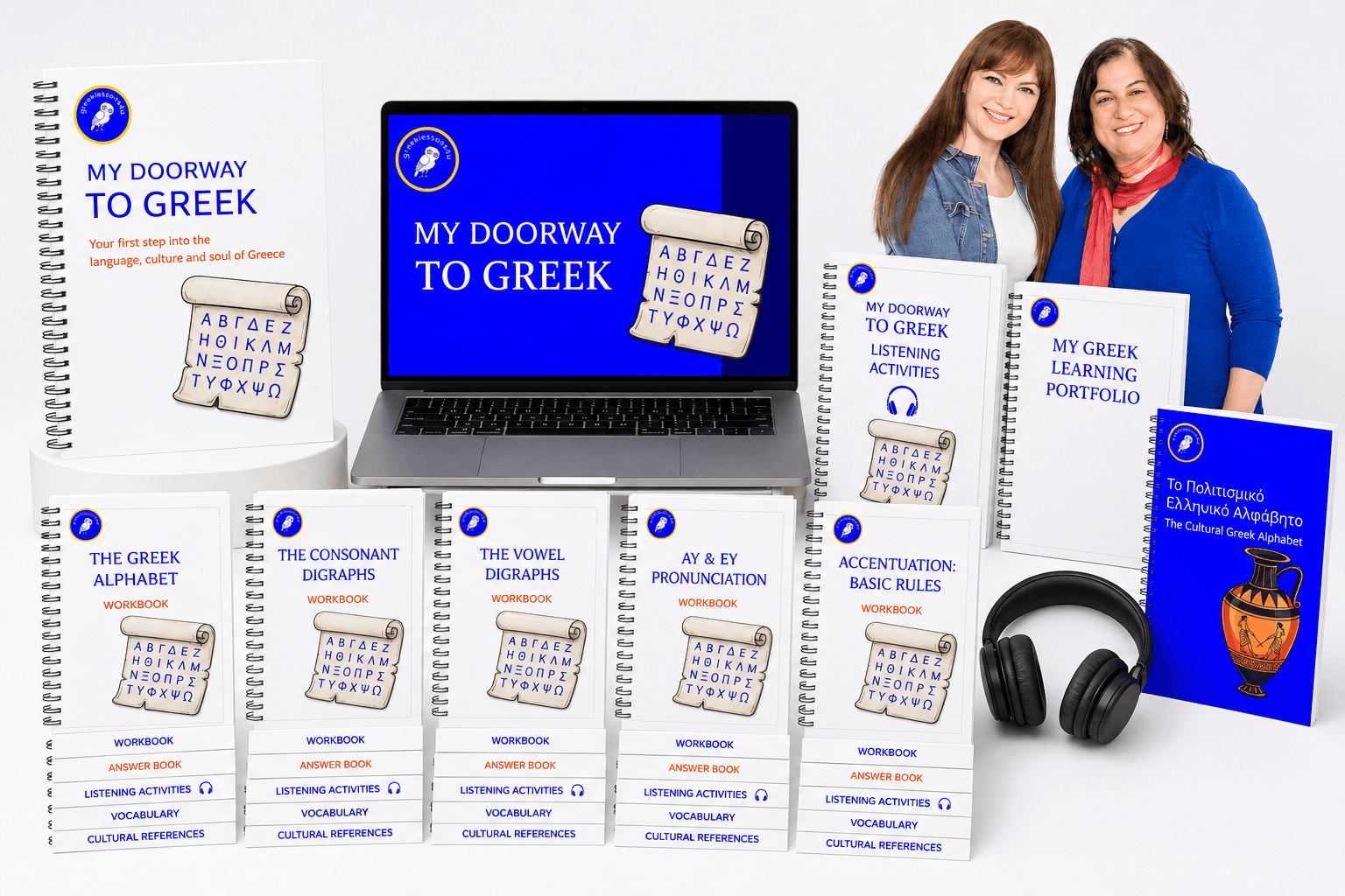 My Doorway to Greek video course, workbooks, listening activities, learning portfolio and Cultural Greek Alphabet