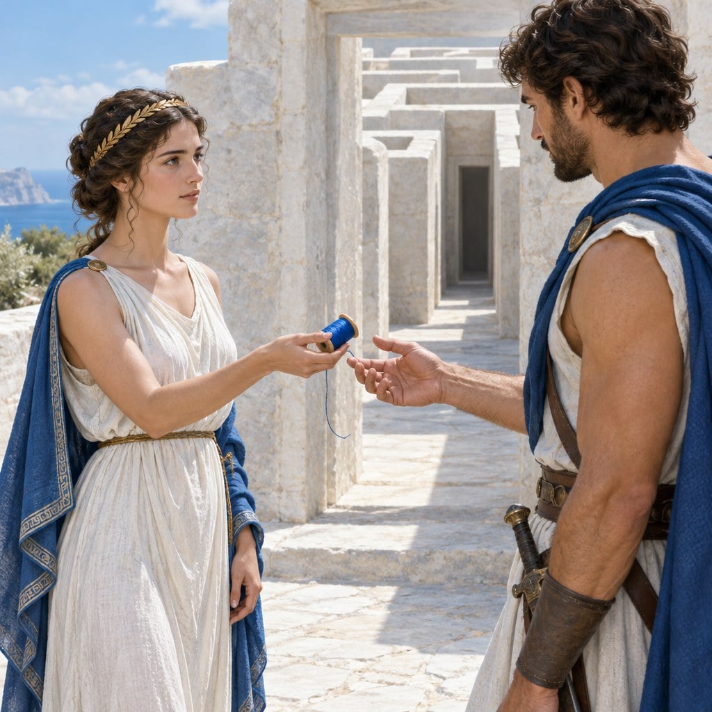 Ariadne handing a spool of thread to Theseus at the entrance of the Labyrinth, a mythological illustration