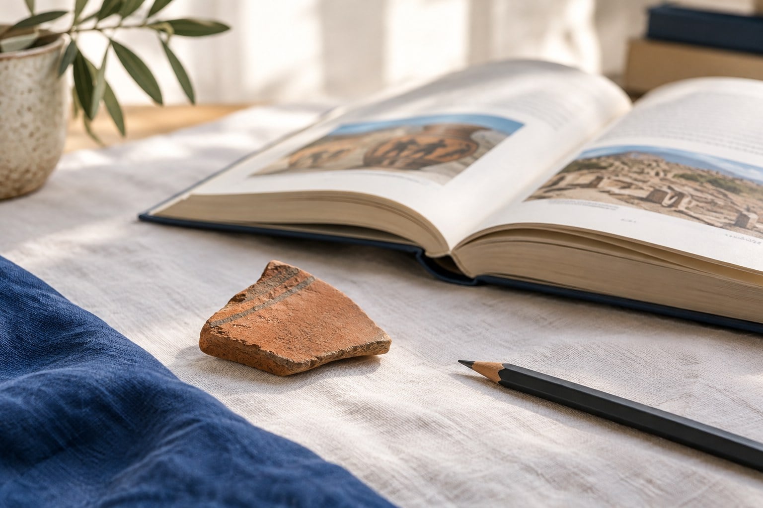 Greek alphabet study with an open history book, a ceramic shard and a pencil on a white desk