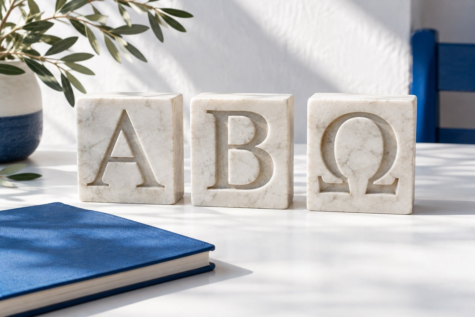 Greek alphabet letters Α, Β and Ω carved into pale marble blocks beside a blue notebook