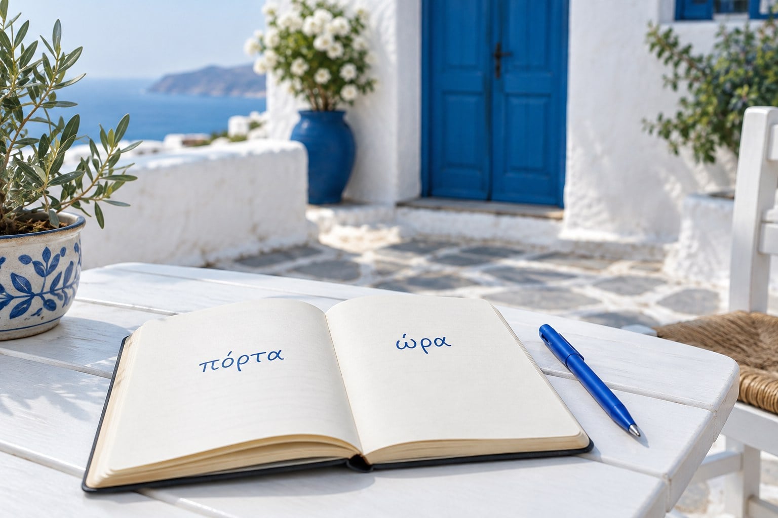 Notebook showing the Greek words πόρτα and ώρα beside a doorway in a Greek courtyard