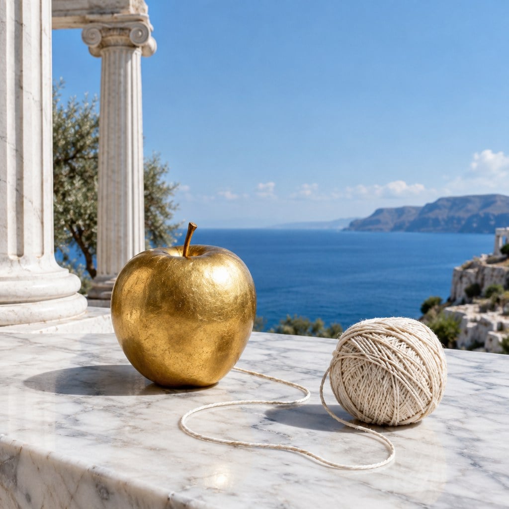 Golden apple and a thread on marble beside the sea, an illustration of Greek mythology