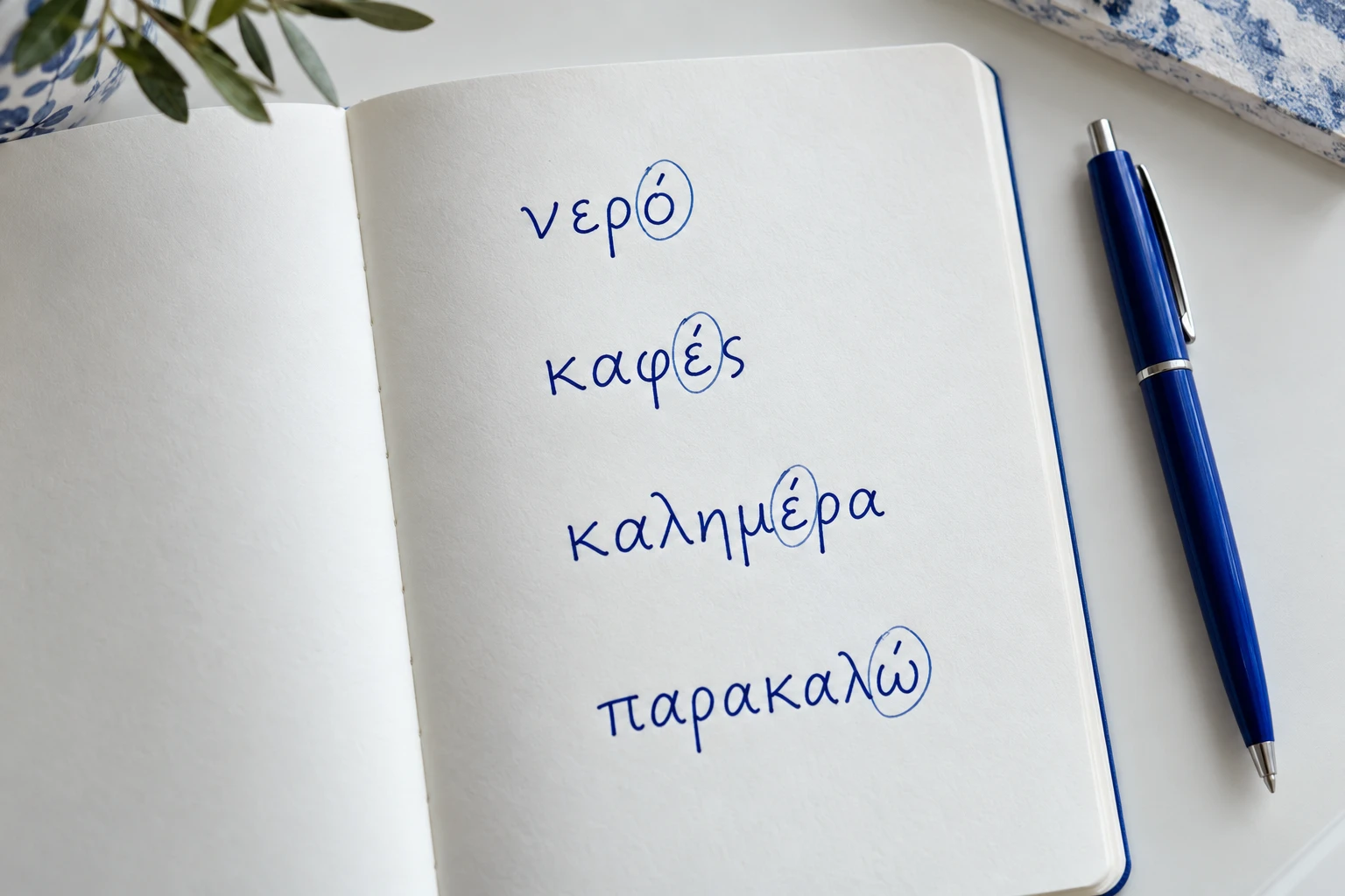 Greek words handwritten in a notebook with accented vowels circled to show word stress