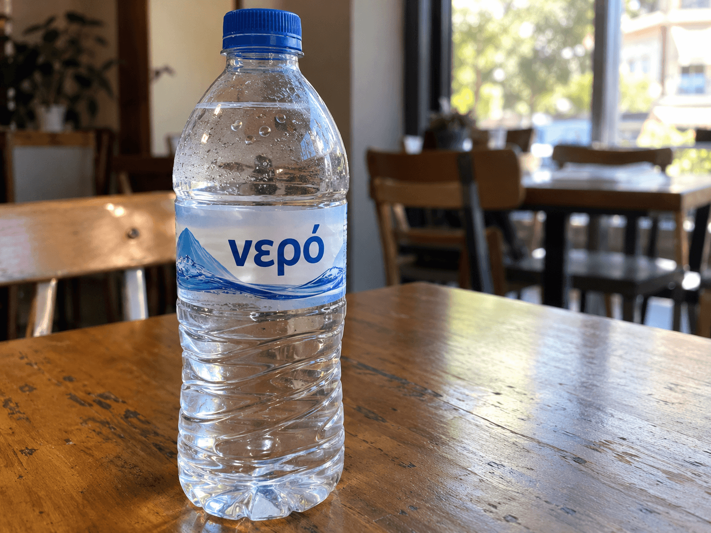 Water bottle with the Greek word νερό on its label, on a café table